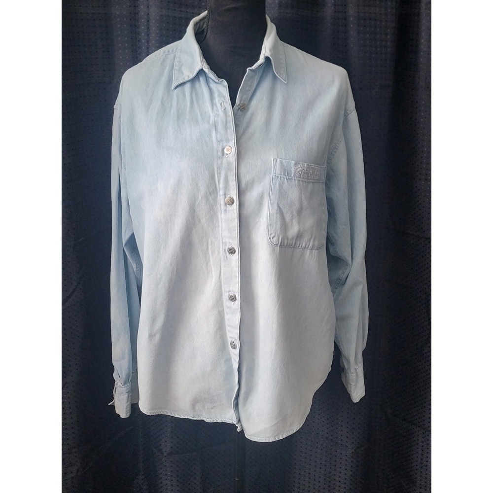Perry Ellis America Denim Button Down Shirt Light Wash Blue Long Sleeve Mens Med